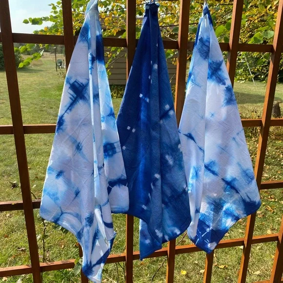 Indigo Blue Cotton Flour Sack Dish Towel Set of 3, Hand Dyed Shibori Tea Tie Dye - Picture 2 of 3
